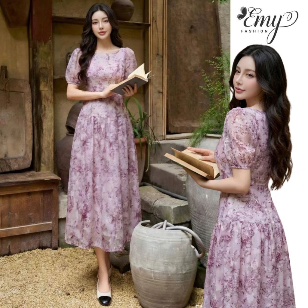 Đầm Hoa Nàng Thơ EMY EM2143 - Thiết Kế Tơ Ép Hồng Bồng Bềnh Đi Biển, Du Lịch Mùa Hè