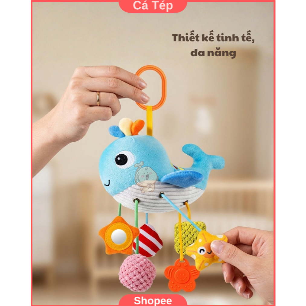 Đồ chơi treo nôi, xe đẩy kích thích giác quan cho bé, vải mềm, có kẹp tiện lợi - Cá voi thông minh