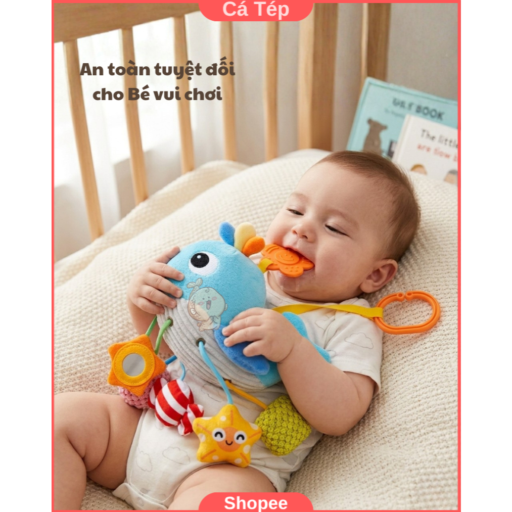 Đồ chơi treo nôi, xe đẩy kích thích giác quan cho bé, vải mềm, có kẹp tiện lợi - Cá voi thông minh