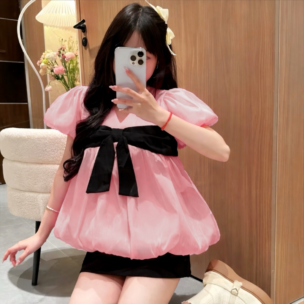 Áo lẻ babydoll phối nơ ngực vải tơ lụa 2 lớp bigsize 45-95kg 1542 kiểu dáng tay ngắn mát mẻ xinh xắn dễ thương L1