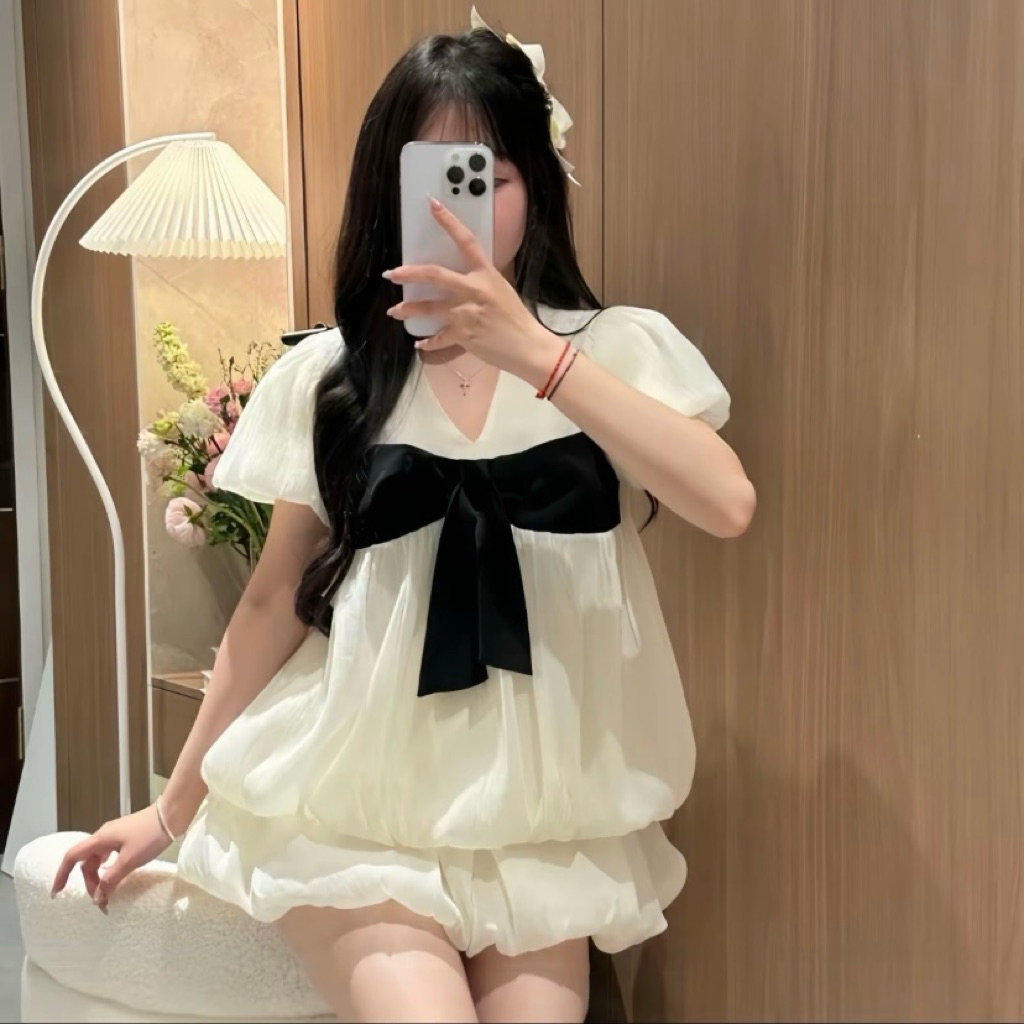 Áo lẻ babydoll phối nơ ngực vải tơ lụa 2 lớp bigsize 45-95kg 1542 kiểu dáng tay ngắn mát mẻ xinh xắn dễ thương L1