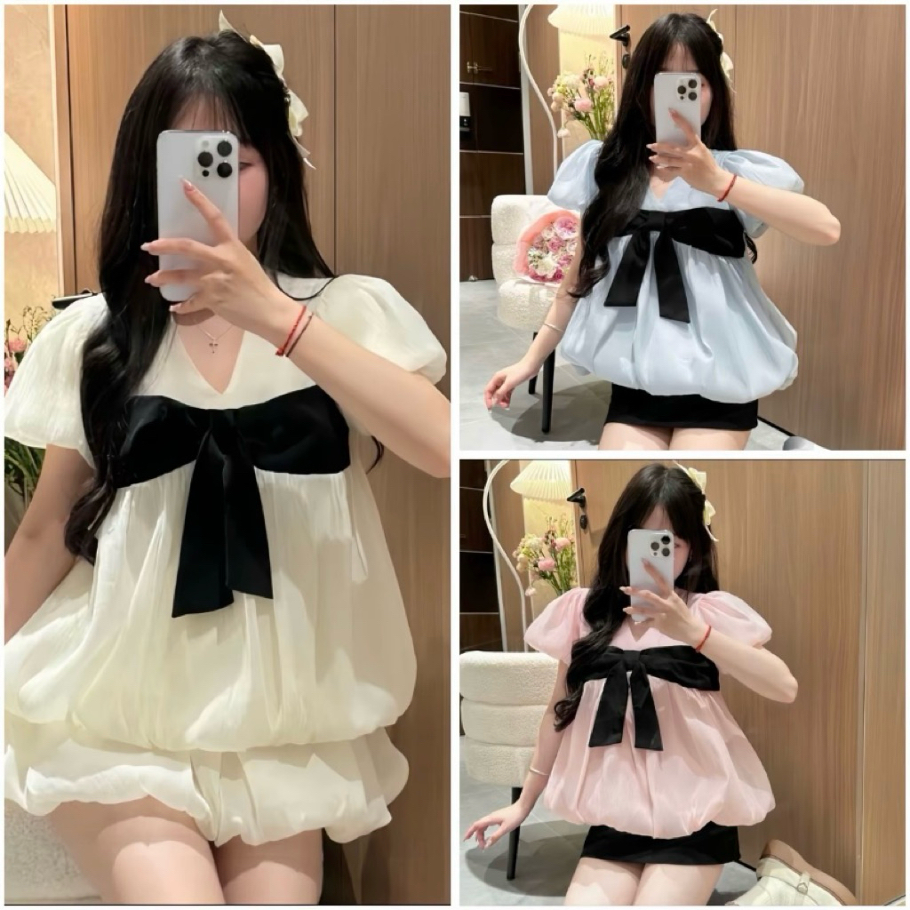 Áo lẻ babydoll phối nơ ngực vải tơ lụa 2 lớp bigsize 45-95kg 1542 kiểu dáng tay ngắn mát mẻ xinh xắn dễ thương L1