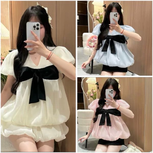 Áo lẻ babydoll phối nơ ngực vải tơ lụa 2 lớp bigsize 45-95kg 1542 kiểu dáng tay ngắn mát mẻ xinh xắn dễ thương L1
