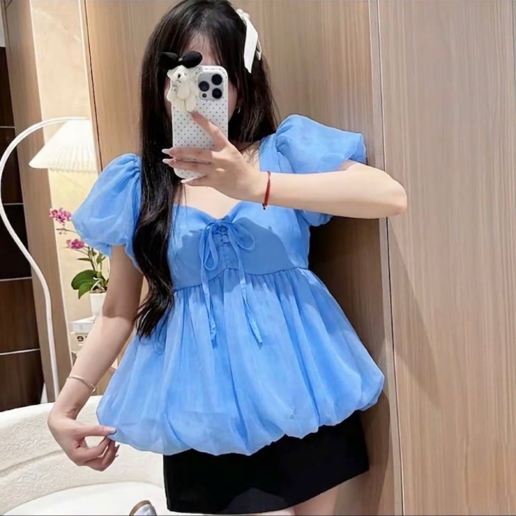 Áo lẻ babydoll phối nơ ngực vải tơ lụa 2 lớp bigsize 45-95kg 1542 kiểu dáng tay ngắn mát mẻ xinh xắn dễ thương L1