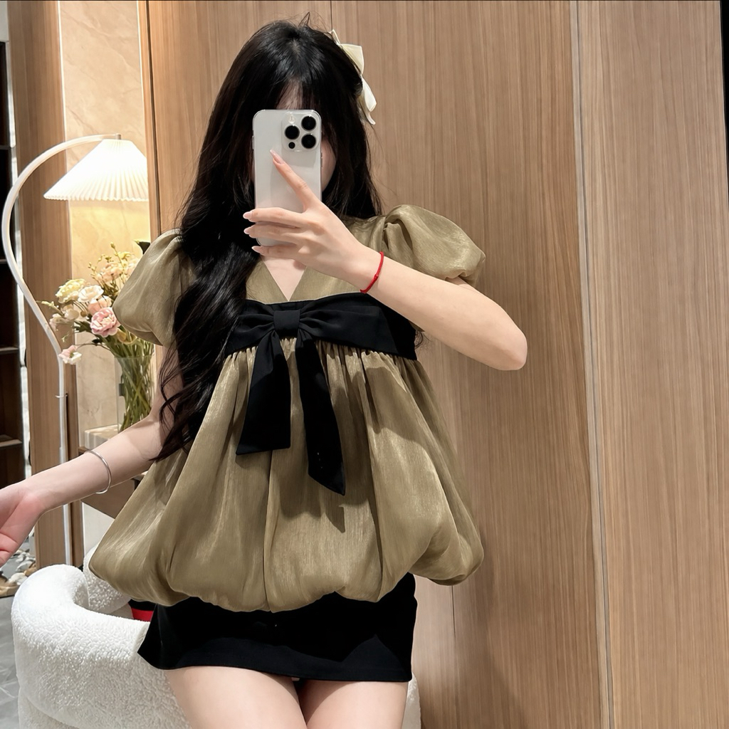 Áo lẻ babydoll phối nơ ngực vải tơ lụa 2 lớp bigsize 45-95kg 1542 kiểu dáng tay ngắn mát mẻ xinh xắn dễ thương L1
