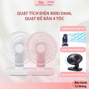Quạt tích điện mini D606, 4 tốc độ gió, quạt mini để bàn dùng tới 15 giờ, quạt mini để bàn pin 4000mah