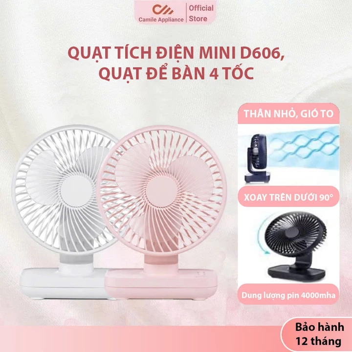 Quạt tích điện mini D606, 4 tốc độ gió, quạt mini để bàn dùng tới 15 giờ, quạt mini để bàn pin 4000mah