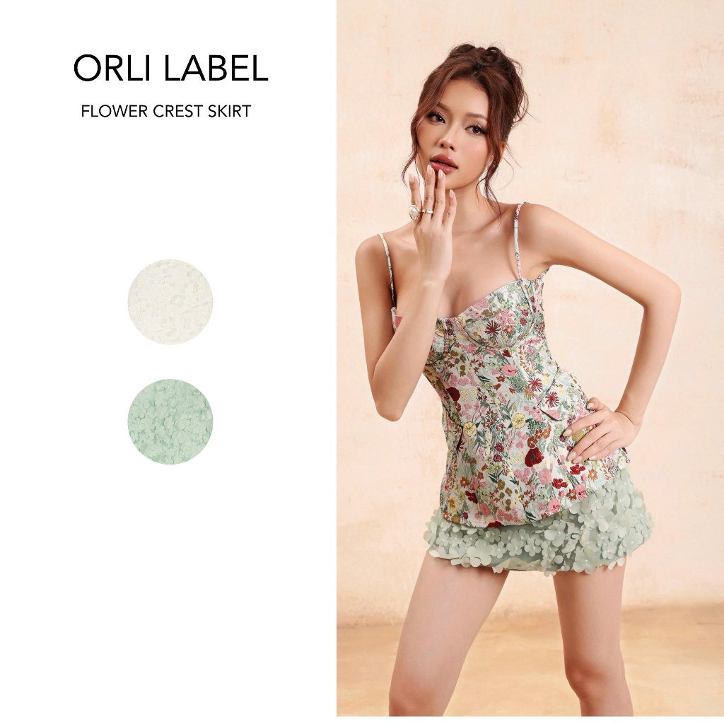 Orli Label |  Floral Crest  | Chân váy hoa nổi Xanh/Be