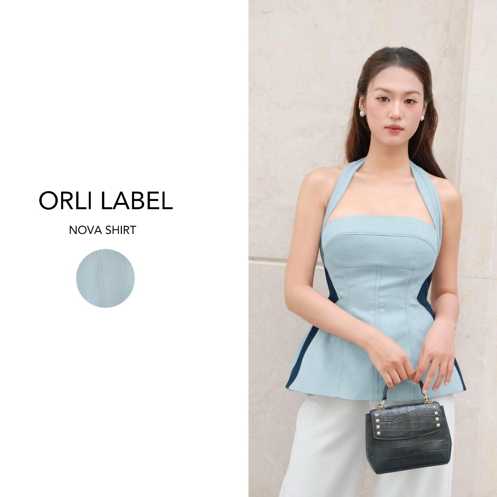 Orli Label | Nova Shirt | Áo cổ yếm Jean xanh nhạt phối viền eo xanh đậm