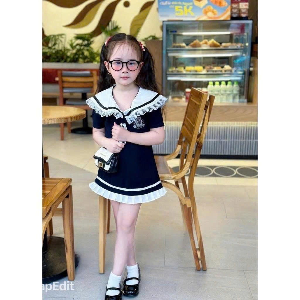Đầm bé gái cổ thủy thủ viền ren dáng xòe nhẹ phong cách tiểu thư Hàn Quốc mẹ và bé diện dồ đôi