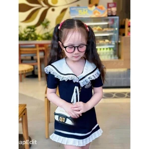 Đầm bé gái cổ thủy thủ viền ren dáng xòe nhẹ phong cách tiểu thư Hàn Quốc mẹ và bé diện dồ đôi