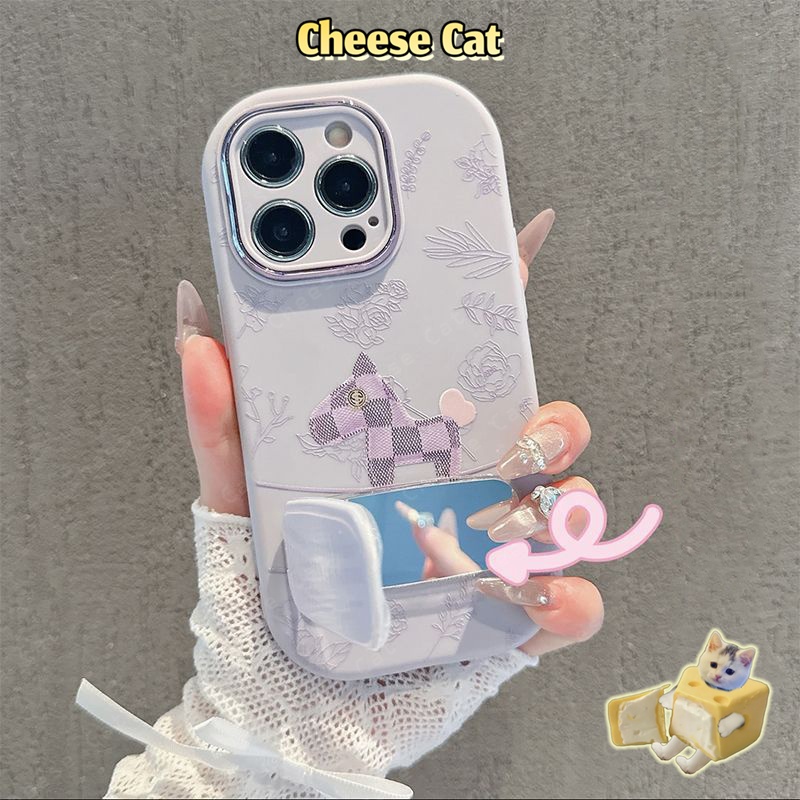 Giá đỡ gương mỹ phẩm + ngựa con phong cách retro thời trang cho iPhone Xs Max XR 11 12 13 14 15 16 17 Pro Max Plus 7P