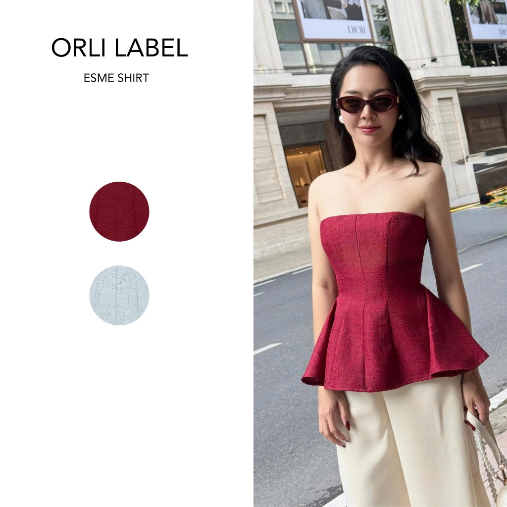 Orli Label | Esme Shirt | Red / Sky | Áo cúp tweed form peplum | Đỏ đô / Xanh pastel