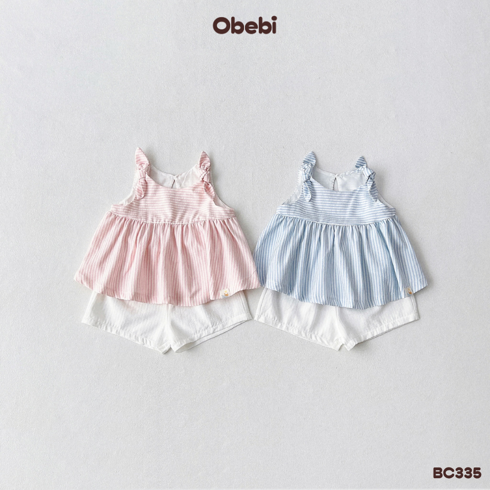 Bộ Ba Lỗ, Bộ Kẻ Buộc Nơ Xinh Xắn Cho Bé Gái Mùa Hè Obebi 8-22KG BC335