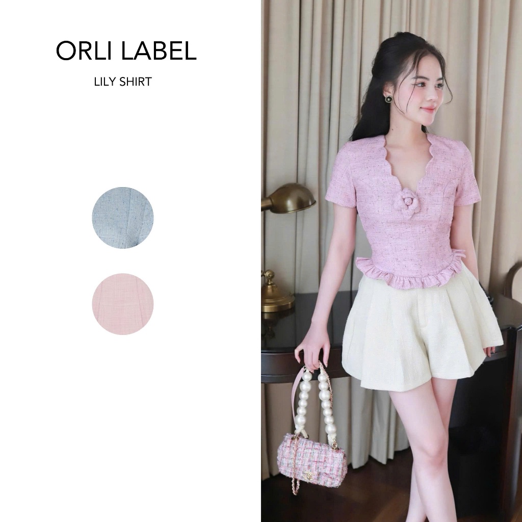 Orli Label | Lily Shirt | Áo Croptop có tay nữ | Xanh - Hồng (Tặng kèm hoa cài áo cao cấp)