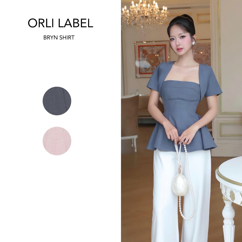 Orli Label | Bryn Shirt | Hale Navy / Pink | Áo cúp có tay form peplum | Xanh chì / Hồng