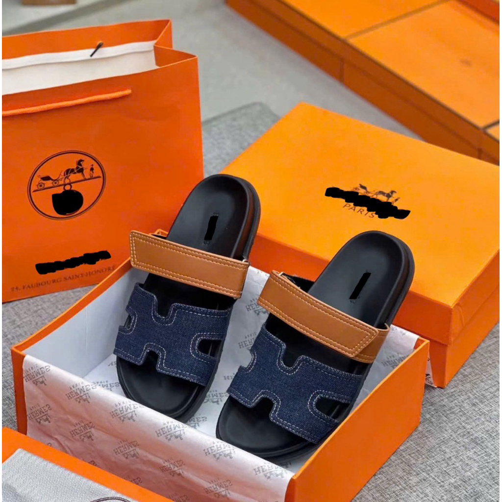 ⚡️[Hight Quality] Dép Lê Quai Ngang Chữ Sandal Full Box - Điểm Nhấn Quai Dán Cam Phối Canvas Cao Cấp Loại 1