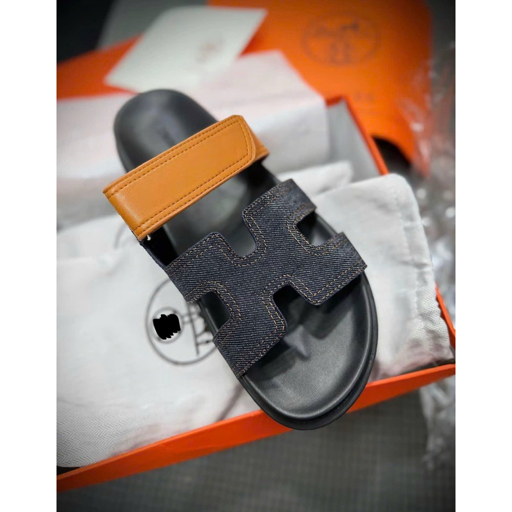 ⚡️[Hight Quality] Dép Lê Quai Ngang Chữ Sandal Full Box - Điểm Nhấn Quai Dán Cam Phối Canvas Cao Cấp Loại 1