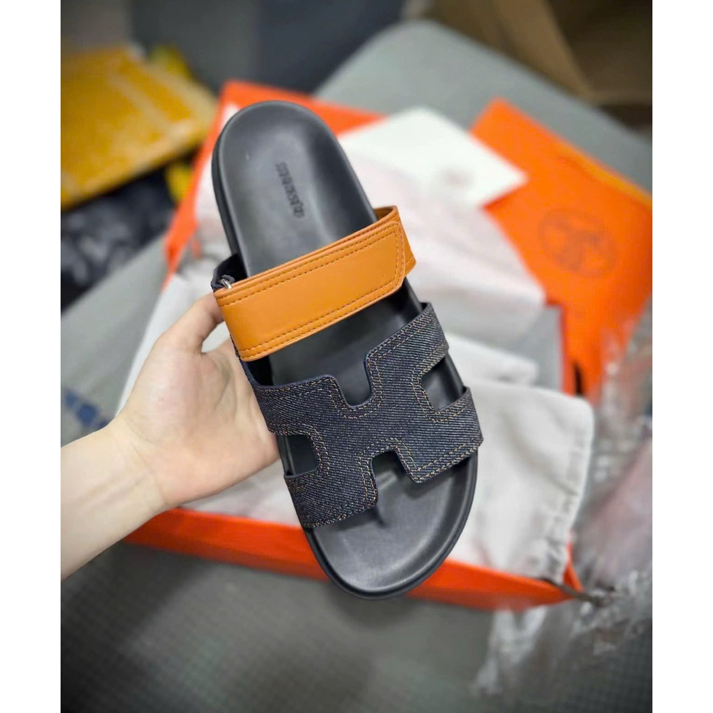 ⚡️[Hight Quality] Dép Lê Quai Ngang Chữ Sandal Full Box - Điểm Nhấn Quai Dán Cam Phối Canvas Cao Cấp Loại 1