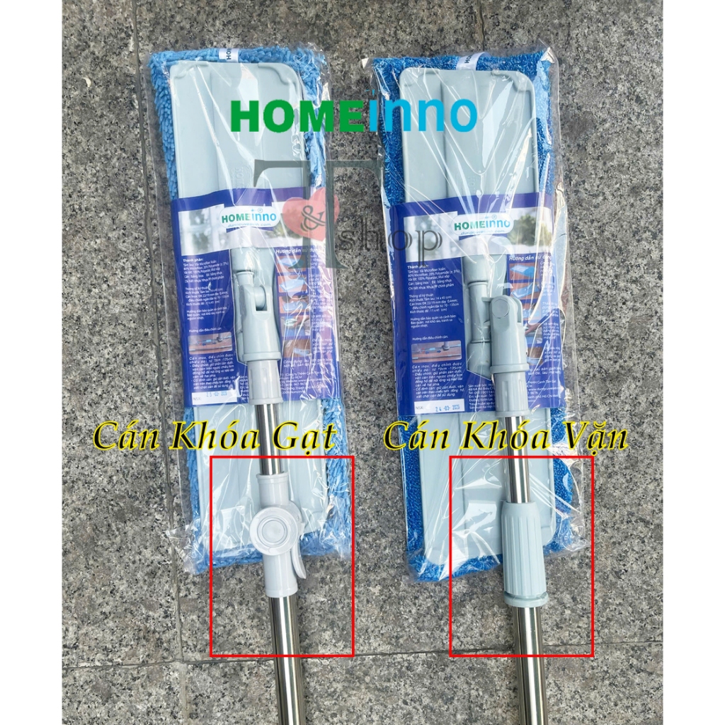 Cây Lau Nhà Inox Đế Nhựa Kiểu Dán Tấm Lau San Hô / Xoắn / Mịn 45cm Homeinno Cán Tăng Đơ Thu Ngắn 90cm Dài Ra 1m4