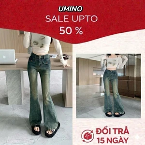 Quần Jeans ống loe 2 Nắp , Quần jean bò loe lưng cao màu xanh hơi mài bụi trước Dáng đẹp LN 29