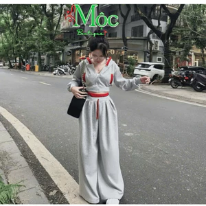 MK_ Set bộ mặc nhà, set Nỉ thể thao áo croptop khoác có nón viền đỏ khoá kéo tay dài kèm quần dài