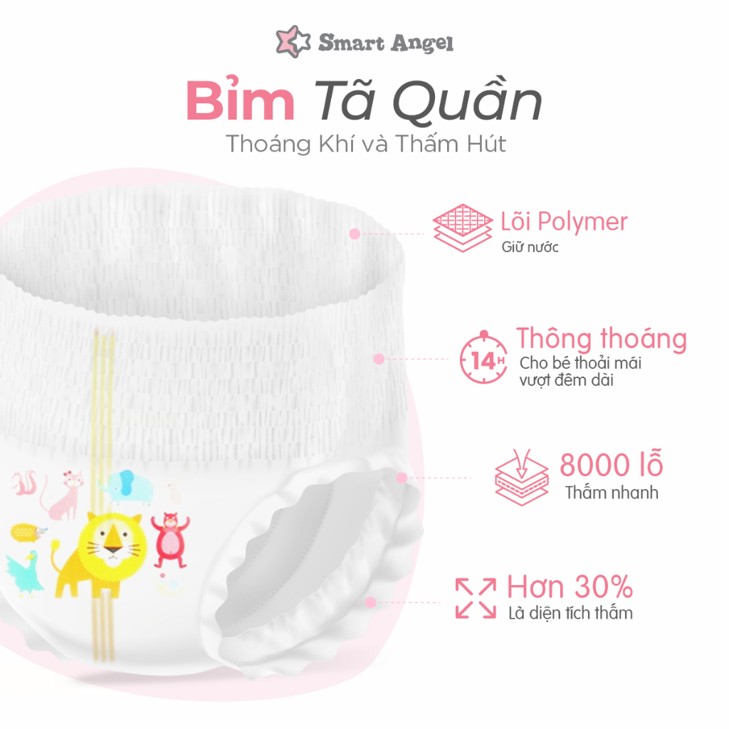 [TĂNG SIZE]  Combo 2 Bỉm Tã Quần SmartAngel Đệm Thông Khí 3D cho Bé L44/XL38/XXL36