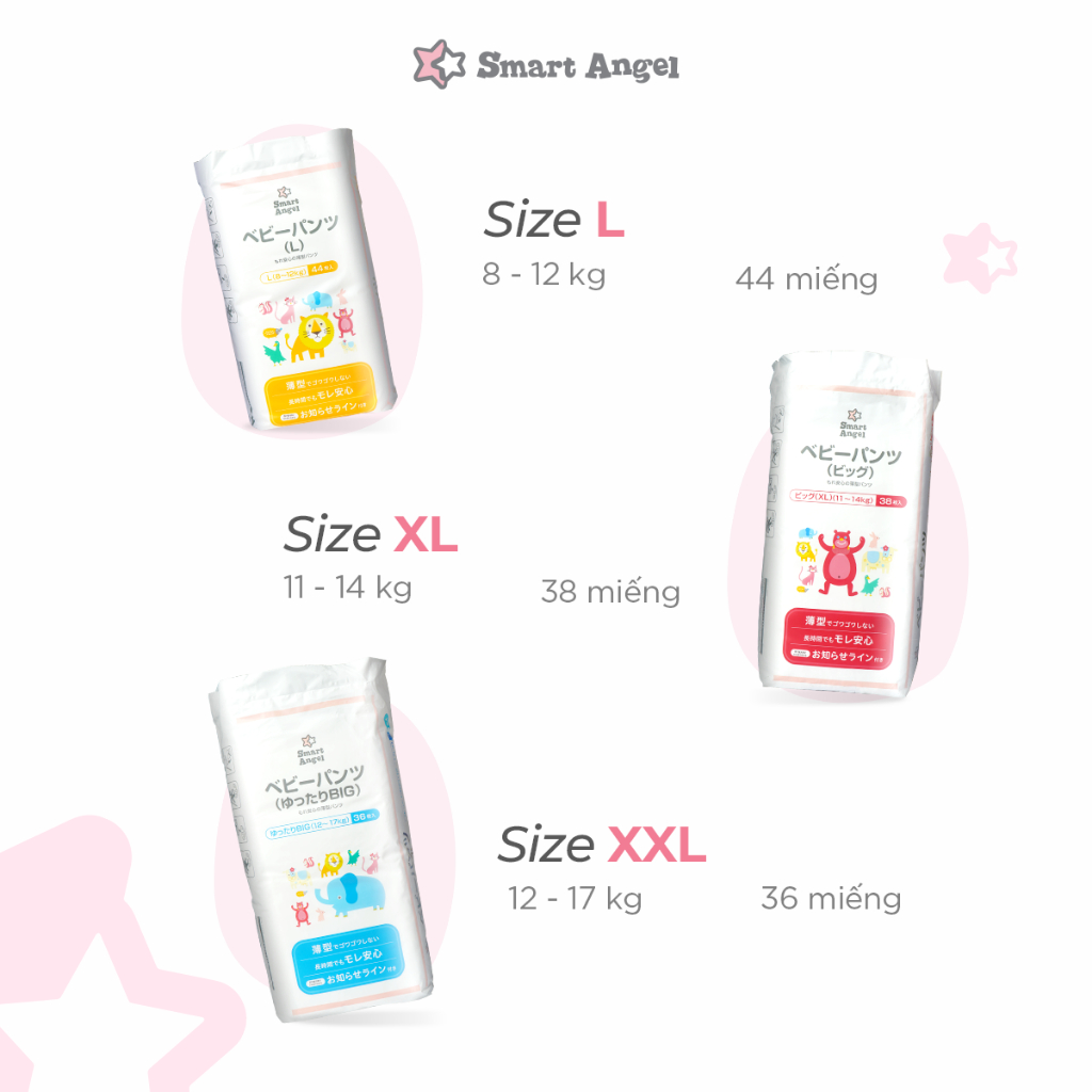 [MUA 1 TẶNG 1] Tã quần SmartAngel Size L44 cho bé_TĂNG SIZE