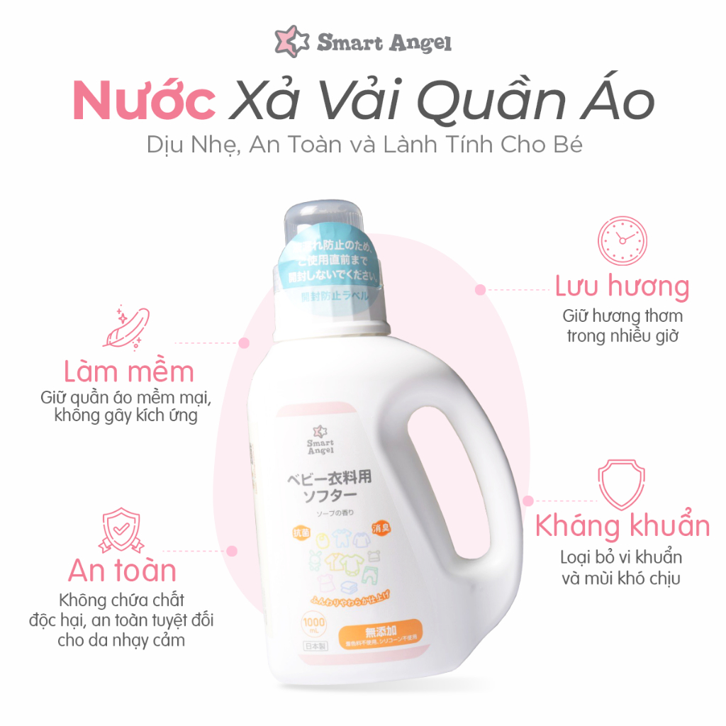 [MUA 1 TẠNG 1] Nước xả vải quần áo SmartAngel Lành Tính Cho Bé 1000ml/1400ml [DATE 10/2026]