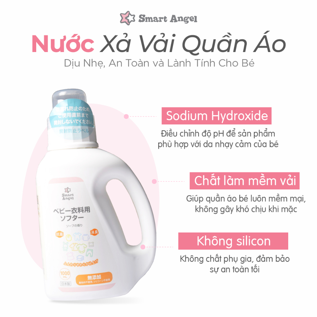 [MUA 1 TẠNG 1] Nước xả vải quần áo SmartAngel Lành Tính Cho Bé 1000ml/1400ml [DATE 10/2026]