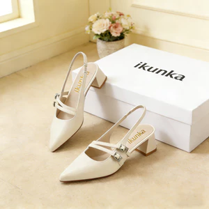 IKUNKA Giày cao gót nữ 4cm Sục Nữ Mũi Nhọn Phối Khoá Chéo 2p Da Mềm Hàng Cao Cấp Full Hộp LV52