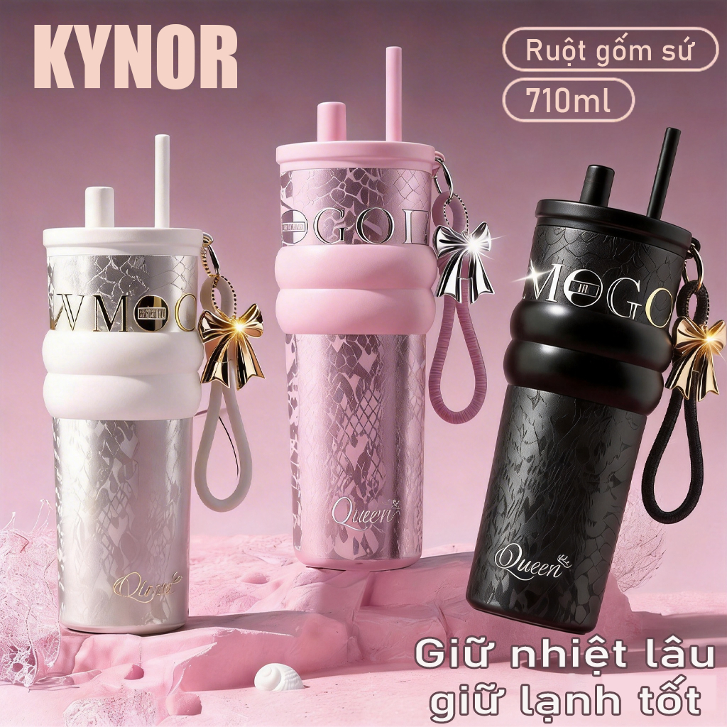 Ly Giữ Nhiệt KYNOR QUEEN Dung Tích 530ml/710ml, Giữ Nhiệt 12H-24H Thép Phủ Sứ, Charm Nơ Tinh Xảo Cups