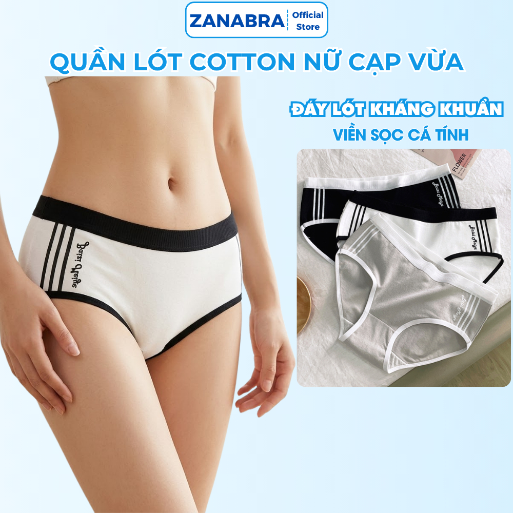Combo 3 Quần lót nữ cotton cạp vừa, Quần chip nữ viền sọc, đáy may không cộm ZANABRA L520