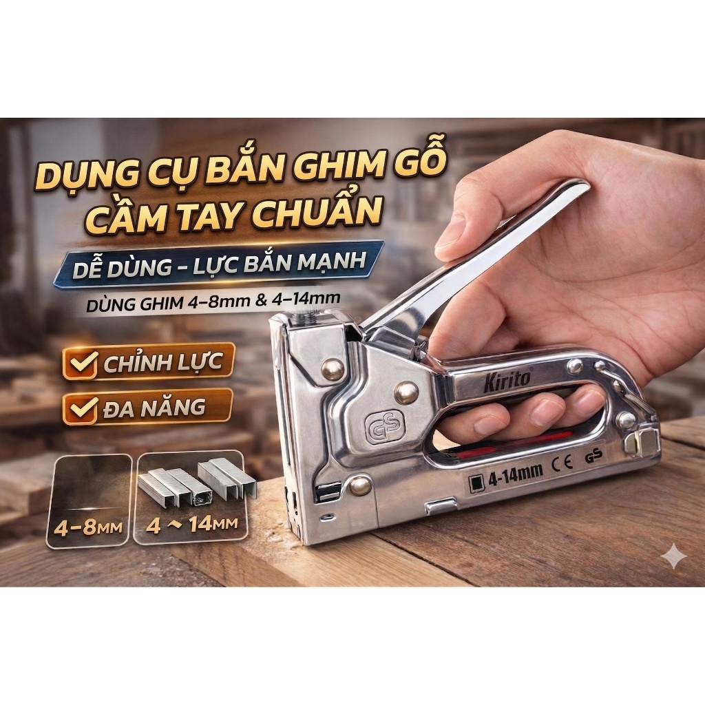 Dụng Cụ Bắn Ghim Gỗ Cầm Tay Inox Cao Cấp KIRITO, Có Núm Chỉnh Lực, Dùng Ghim 4-14mm
