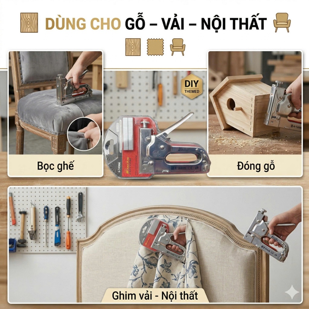 Dụng Cụ Bắn Ghim Gỗ Cầm Tay Inox Cao Cấp KIRITO, Có Núm Chỉnh Lực, Dùng Ghim 4-14mm