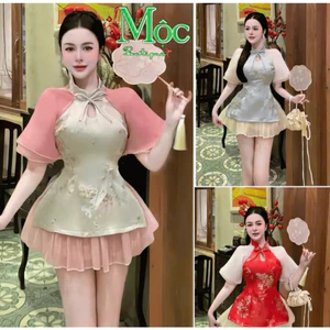 QC_ Set váy ngắn, set hán phục cách tân áo Gấm cổ tàu đính nơ khoét giọt nước + váy Tơ lót quần