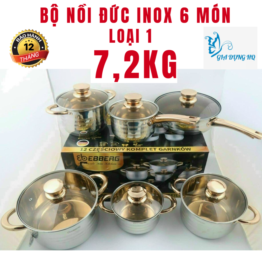 BỘ NỒI ĐỨC 6 MÓN HÀNG LOẠI 1 7,2KG , BỘ NỒI INOX VUNG KÌNH CƯỜNG LỨC DÙNG CHO MỌI LOẠI BẾP