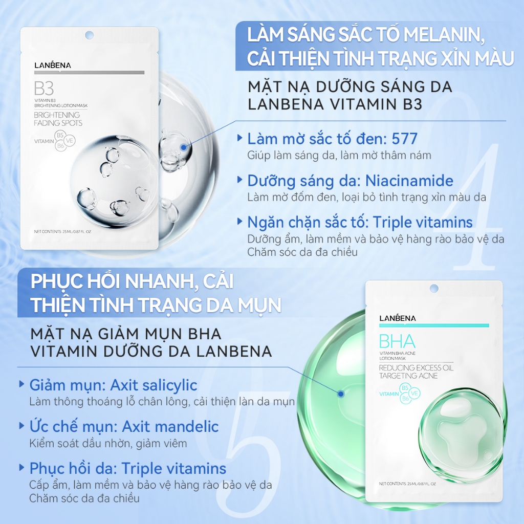 LANBENA 5PCS Mặt nạ  (25ml )- B5/B3/BHA/VC/VA chiết xuất thực vật dưỡng ẩm loại bỏ mụn đầu đen làm trắng da chống lão hó
