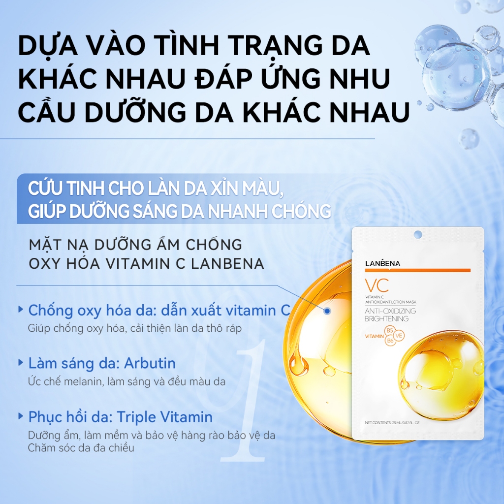 LANBENA5 PCS Mặt nạ  BHA,VC,VA,B5,B3 MULTI-VITAMINS (25ml) - PHỤC HỒI, DƯỠNG ẨM, TRẮNG DA, GIẢM NHĂN, LÀM DỊU DA Skincar