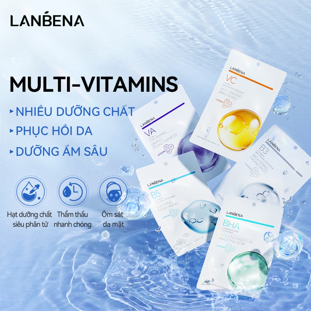 LANBENA5 PCS Mặt nạ  BHA,VC,VA,B5,B3 MULTI-VITAMINS (25ml) - PHỤC HỒI, DƯỠNG ẨM, TRẮNG DA, GIẢM NHĂN, LÀM DỊU DA Skincar