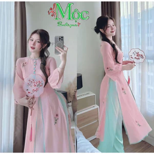 Set áo dài, set thiết kế áo dài cách tân Tết Voan thêu hoa nút bọc cổ đan dây mix quần suông