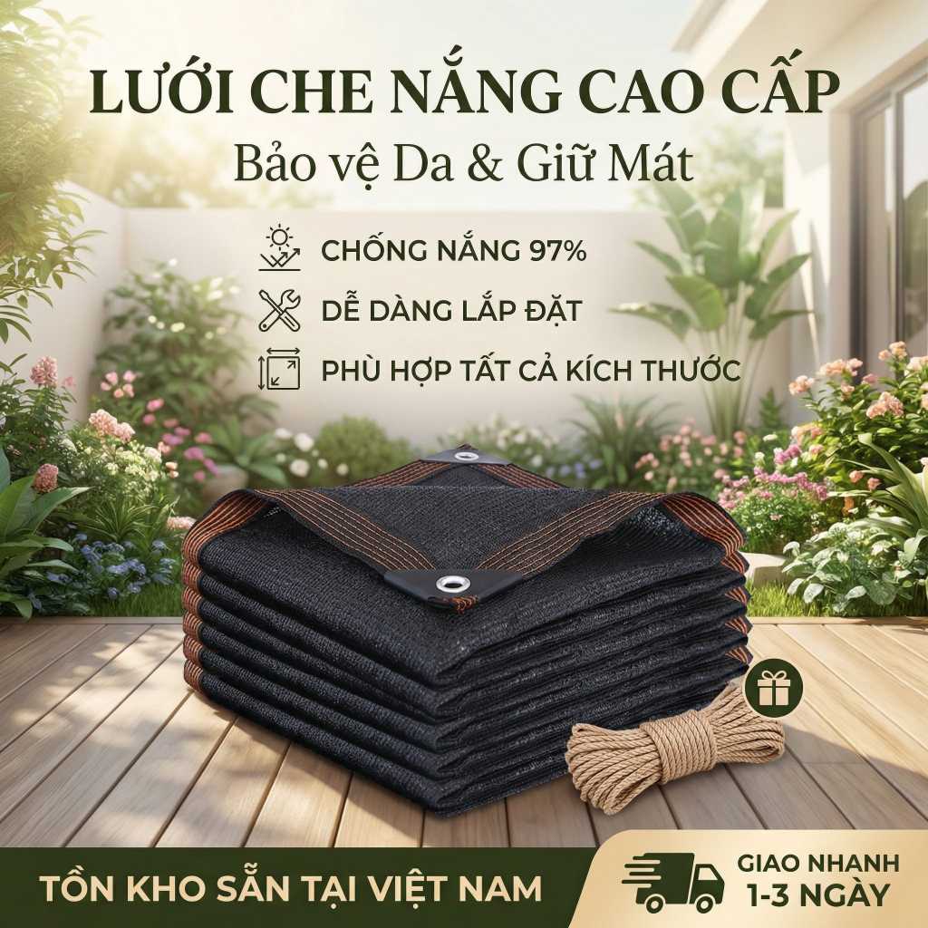 Siêu Bền & Thoáng Khí! Bạt Che Nắng Ngoài Trời, Giảm Nhiệt, Dùng Ban Công/Sân Vườn, Tặng Dây, Màu Đen/Bnâu