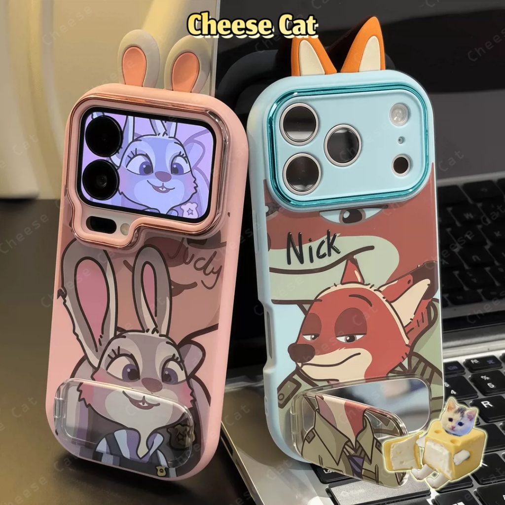 cáo Ốp iPhone cặp tai thỏ kèm đế gương cho iPhone 11 12 13 14 15 16 17 Pro Max Plus 17 Air Xs Max XR 7 8 Plus SE