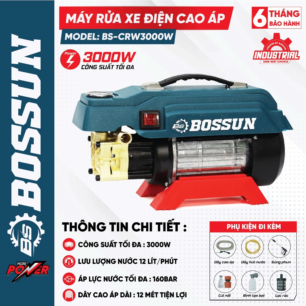 Máy Rửa Xe Cao Áp BOSHUN BS-CRW3000W – Công Suất 3000W – Áp Lực 160Bar – Dây 12m – Dòng Công Nghiệp 100% Lõi Đồng