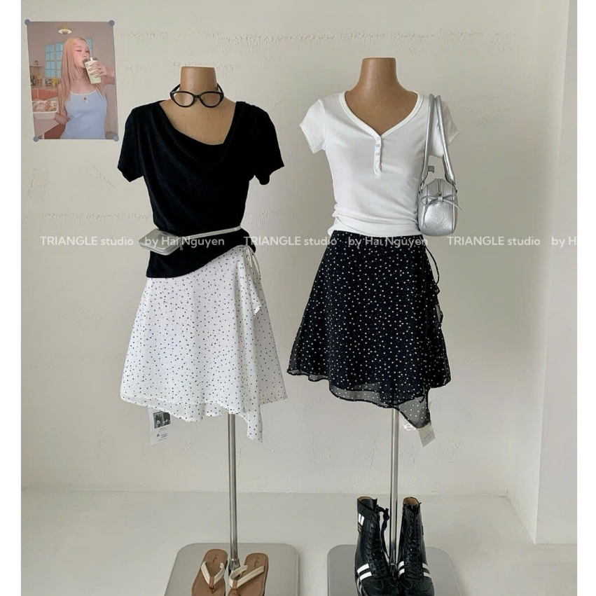 TRIANGLE -Sassy Skirts (Cân nhắc kỹ, return is not welcomed) Chân váy chấm bi dáng lửng vải tơ style Hàn Quốc dễ mặc