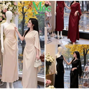 Đầm váy dài, đầm dự tiệc thiết kế, Đầm Đũi dáng dài lệch vai tà rủ nhẹ bên vai có mút kèm phụ kiện