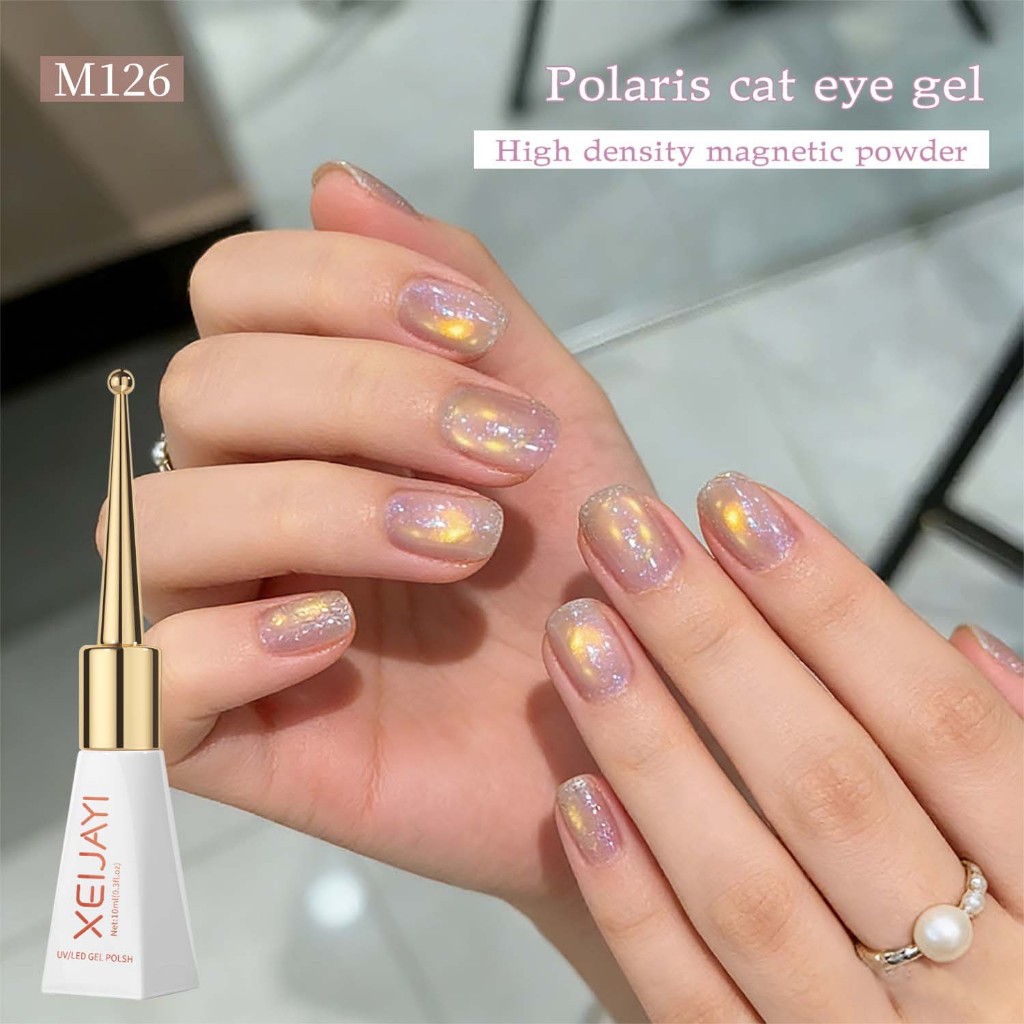 XEIJAYI 10ml - Sơn móng tay họa tiết mắt mèo màu vàng và hồng cổ điển, bền màu, thích hợp sử dụng tại salon.