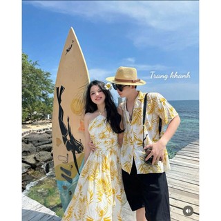 Set đồ đôi váy nữ mix áo sơ mi nam màu vàng siêu đẹp dành cho chị em mặc đi chơi du lịch biển sướng - Baotrang.clothes