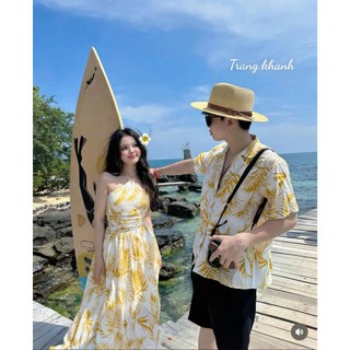 Set đồ đôi váy nữ mix áo sơ mi nam màu vàng siêu đẹp dành cho chị em mặc đi chơi du lịch biển sướng - Baotrang.clothes