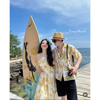 Set đồ đôi váy nữ mix áo sơ mi nam màu vàng siêu đẹp dành cho chị em mặc đi chơi du lịch biển sướng - Baotrang.clothes